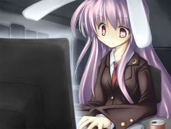 Rule 34 | 1girl, animal ears, bad id, bad pixiv id, blazer, can, computer, crescent, drink can, eye reflection, female focus, itsutsuki, jacket, keyboard (computer), long hair, necktie, purple hair, rabbit ears, red eyes, reflection, reisen udongein inaba, soda can, solo, touhou