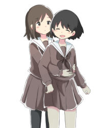 Rule 34 | 2girls, :d, arms around waist, arms at sides, azchipi, black hair, black pantyhose, blush, bob cut, brown eyes, brown hair, brown neckerchief, brown serafuku, brown skirt, closed eyes, closed mouth, commentary, cowboy shot, dress shirt, expressionless, eyelashes, front-to-back, hands on another&#039;s stomach, highres, hug, hug from behind, long sleeves, looking at another, multiple girls, neckerchief, open mouth, original, pantyhose, pleated skirt, sailor collar, school uniform, serafuku, shirt, short hair, simple background, skirt, smile, swept bangs, turning head, white background, white sailor collar, yuri