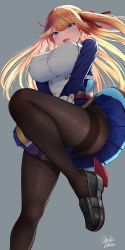 Rule 34 | 1girl, artist name, azur lane, black pantyhose, blonde hair, blue eyes, blush, breasts, commentary request, floating hair, from below, grey background, hair ribbon, highres, jacket, knee up, large breasts, long hair, looking at viewer, looking down, oekakizuki, open mouth, pantyhose, red ribbon, ribbon, rudder footwear, signature, simple background, skirt, solo, standing, sussex (azur lane), sweat, thighband pantyhose