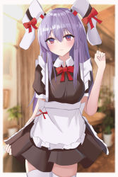 Rule 34 | 1girl, absurdres, alternate costume, animal ears, aohane, apron, blurry, blurry background, blush, border, bow, cowboy shot, depth of field, enmaided, hair between eyes, highres, long hair, maid, maid apron, rabbit ears, red bow, red eyes, reisen udongein inaba, solo, thighhighs, touhou, white apron, white border
