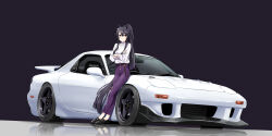 Rule 34 | 1girl, absurdres, animal ears, belt, black background, black footwear, black tail, car, commentary request, crossed arms, eyelashes, full body, high-waist pants, highres, horse ears, horse girl, horse tail, igo miku, leaning on object, legs, long hair, long sleeves, looking at viewer, mazda rx-7, mazda rx-7 fd, motor vehicle, narita brian (umamusume), pants, ponytail, purple pants, reflective floor, shirt, sidelocks, solo, sports car, tail, umamusume, vehicle focus, white car, white shirt, yellow eyes