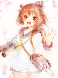 Rule 34 | 10s, 1girl, :d, backlighting, backpack, bag, binoculars, blush, brown eyes, brown hair, cannon, cherry blossoms, dress, hair ornament, highres, jewelry, kantai collection, long sleeves, looking at viewer, machinery, makuwauri, naked shirt, neckerchief, open mouth, personification, ring, sailor dress, school uniform, serafuku, shirt, shoulder bag, smile, solo, yukikaze (kancolle)