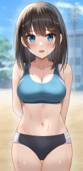 Rule 34 | 1girl, absurdres, arms behind back, bad id, bad pixiv id, black shorts, blue eyes, blue sports bra, blurry, blurry background, blush, borrowed character, breasts, brown hair, cleavage, commentary request, cowboy shot, hair ornament, hairclip, highleg shorts, highres, hisui (user zvkr2432), large breasts, looking at viewer, midriff, navel, open mouth, original, outdoors, short shorts, shorts, solo, sports bra, sweat, track uniform
