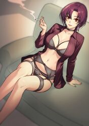 1girl absurdres bazett_fraga_mcremitz bra breasts choker cigarette cleavage couch dress_shirt dynamitenatalia earrings fate/grand_order fate/hollow_ataraxia fate_(series) garter_belt highres holding holding_cigarette indoors jewelry large_breasts light_smile lipstick looking_at_viewer makeup mole mole_under_eye open_clothes panties purple_hair red_eyes shirt short_hair smoking solo type-moon underwear