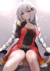 Rule 34 | 1girl, :p, bare shoulders, black gloves, blue eyes, blush, braid, breasts, cleavage, closed mouth, commentary request, dress, elbow gloves, feet out of frame, fingerless gloves, gloves, grey hair, hair between eyes, hair ornament, hand up, head tilt, kizuna akari, long hair, low twintails, medium breasts, red dress, signature, sitting, smile, solo, sou (soutennkouchi), strapless, strapless dress, tongue, tongue out, twin braids, twintails, very long hair, voiceroid