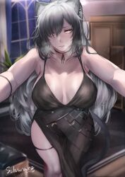 Rule 34 | 1girl, absurdres, alternate costume, animal ears, arknights, bare shoulders, black choker, black dress, breasts, cat ears, cat tail, character name, choker, cleavage, commentary request, dress, feet out of frame, grey hair, grin, hair over one eye, highres, indoors, large breasts, long hair, looking at viewer, parted lips, schwarz (arknights), sleeveless, sleeveless dress, smile, solo, standing, tail, very long hair, window, yujieai