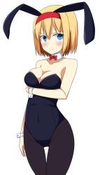 Rule 34 | &gt;:|, 1girl, :|, alice margatroid, animal ears, annoyed, bad id, bad pixiv id, bare shoulders, black leotard, black pantyhose, blonde hair, blue eyes, blush, bow, bowtie, breast hold, breasts, cleavage, closed mouth, collarbone, covered navel, detached collar, enushi (toho193), female focus, hairband, leotard, looking at viewer, medium breasts, pantyhose, playboy bunny, rabbit ears, short hair, shy, simple background, solo, standing, strapless, strapless leotard, thigh gap, touhou, v-shaped eyebrows, white background, wrist cuffs