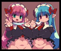Rule 34 | 2girls, :d, aqua eyes, blue hair, blunt bangs, blush, bow, breasts, brown background, commentary request, groin, hair bow, highres, holding, holding clothes, holding panties, holding underwear, large breasts, long hair, long sleeves, looking at viewer, maid, maid headdress, mouth hold, multiple girls, necktie, open mouth, original, out-of-frame censoring, panties, pink hair, plump, pointy ears, presenting removed panties, red bow, red eyes, red necktie, simple background, smile, striped clothes, striped panties, underwear, white panties, zankuro