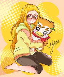 Rule 34 | 1girl, artist name, barefoot, black pants, blonde hair, capri pants, character doll, closed mouth, commentary, dated, english commentary, glasses, holding, holding stuffed toy, hood, hood down, hoodie, kasugano urara (yes! precure 5), kibou no chikara ~otona precure &#039;23~, long hair, long sleeves, looking at viewer, mel-chan, pants, precure, rectangular eyewear, red-framed eyewear, signature, sitting, smile, solo, stuffed toy, syrup (yes! precure 5), wariza, yellow background, yellow eyes, yellow hoodie, yes! precure 5