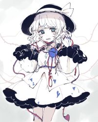 Rule 34 | 1girl, blood, blouse, blue blood, blue eyes, blue nails, blush, broken heart, buttons, colored blood, commentary, diamond button, dot nose, feet out of frame, fingernails, frilled skirt, frilled sleeves, frills, hands up, hat, hat ribbon, heart, heart-shaped pupils, highres, komeiji koishi, long sleeves, looking at viewer, medium hair, monochrome, mozukuzu (manukedori), nail polish, open mouth, plant, pulling, ribbon, shirt, simple background, sketch, skirt, solo, spot color, symbol-shaped pupils, third eye, thorns, touhou, vines, wavy hair, wavy mouth, white background, wide sleeves