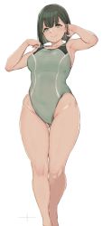 Rule 34 | 1girl, alp, bare arms, bare shoulders, black hair, bob cut, breasts, closed mouth, competition swimsuit, curvy, feet out of frame, gluteal fold, green eyes, green one-piece swimsuit, groin, tucking hair, highleg, highleg swimsuit, highres, hip bones, legs, looking at viewer, medium breasts, narrow waist, one-piece swimsuit, original, short hair, simple background, skin tight, smile, solo, swimsuit, thick thighs, thigh gap, thighs, white background, wide hips