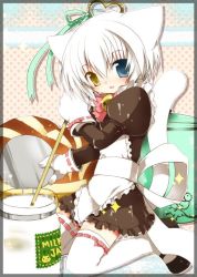 Rule 34 | 1boy, animal ears, apron, bell, cat boy, cat ears, cat tail, cooking, crossdressing, food, gloves, heterochromia, kamiyoshi rika, maid, maid apron, male focus, mary janes, original, shoes, short hair, solo, tail, thighhighs, thoto, trap, white hair, zettai ryouiki