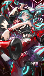 Rule 34 | 1girl, 39, adjusting goggles, aqua eyes, aqua hair, bare shoulders, belt, black footwear, black jacket, blunt bangs, boots, cable in mouth, earrings, goggles, goggles on head, hatsune miku, highres, holding, holding megaphone, jacket, jacket partially removed, jewelry, kito koruta, long hair, looking at viewer, magical mirai miku, magical mirai miku (2023), megaphone, miku day, mouth hold, multicolored clothes, multicolored footwear, multicolored hair, multicolored jacket, navel, neon lights, pants, red footwear, red hair, red jacket, red pants, sidelocks, signature, smile, solo, star (symbol), streaked hair, twintails, very long hair, vocaloid, wristband