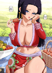 Rule 34 | 1girl, absurdres, black hair, blue eyes, boa hancock, breasts, cleavage, curvy, earrings, elpipe 3000, english text, facing viewer, highres, incoming food, jewelry, kneeling, large breasts, long hair, looking at viewer, one piece, outdoors, picnic, picnic basket, side slit, snake earrings, solo, thick thighs, thighs, wide hips