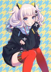 Rule 34 | 1girl, :d, absurdres, black jacket, black shorts, black sweater, blue eyes, blue scarf, blunt bangs, blush, d-pad, d-pad hair ornament, fringe trim, grin, hair ornament, hairclip, highres, houndstooth, invisible chair, jacket, kaguya luna, long hair, long sleeves, looking at viewer, morikura en, multicolored nails, nail polish, open clothes, open jacket, open mouth, plaid, plaid scarf, red nails, red thighhighs, scan, scarf, shirt, short shorts, shorts, sidelocks, signature, sitting, sleeves past wrists, smile, solo, sweater, teeth, the moon studio, thighhighs, twintails, virtual youtuber, white hair, white nails, white shirt