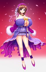 Rule 34 | 1girl, ankle garter, blush, breast hold, breasts, brown hair, btk, cleavage, detached sleeves, dress, female focus, frills, full body, fur-trimmed dress, fur-trimmed sleeves, fur trim, gigantic breasts, gradient background, hairband, honoo no haramase oppai nyuu doukyuusei, jewelry, looking at viewer, munemoto minori, necklace, petals, purple eyes, ribbon, short hair, simple background, smile, solo, squeez (artist)
