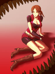 Rule 34 | 1girl, arm support, artist request, belt, bike shorts, bike shorts under shorts, boots, breasts, brown hair, claire redfield, cleavage, collarbone, elbow gloves, fangs, fingerless gloves, gloves, gradient background, high heel boots, high heels, looking at viewer, midriff peek, parted bangs, red background, red footwear, red shorts, resident evil, resident evil 2, sharp teeth, short hair, shorts, sidelocks, simple background, sitting, solo, teeth, unzipped, vest, yokozuwari, zipper