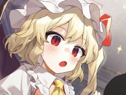 Rule 34 | 1girl, ascot, blonde hair, blush, collared shirt, fang, flandre scarlet, hair between eyes, hat, hat ribbon, jill 07km, looking down, mob cap, one side up, open mouth, puffy short sleeves, puffy sleeves, red eyes, red ribbon, red vest, ribbon, shirt, short hair, short sleeves, solo, star (symbol), tongue, touhou, upper body, vest, white hat, white shirt, yellow ascot