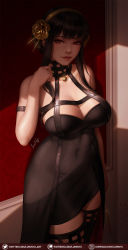 Rule 34 | 1girl, black dress, black thighhighs, breasts, brown hair, closed mouth, covered navel, curvy, dress, flower, gold hairband, gumroad username, hair flower, hair ornament, hairband, highres, large breasts, looking at viewer, luminyu, patreon username, red eyes, rose, signature, solo, spy x family, sunlight, thighhighs, twitter username, two-sided dress, two-sided fabric, watermark, web address, yor briar