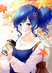 Rule 34 | 1girl, aikatsu!, aikatsu! (series), autumn, autumn leaves, bag, blue dress, blue eyes, blue hair, blurry, blurry background, blush, check commentary, close-up, collared shirt, commentary request, cup, disposable coffee cup, disposable cup, dress, earrings, falling leaves, gem, hair ornament, hairpin, highres, holding, holding cup, hoshina hoshimi, jewelry, kiriya aoi, leaf, lipstick, long hair, long sleeves, looking at cup, makeup, maple leaf, maple tree, nail polish, parted lips, pink lips, satchel, shirt, side ponytail, sidelocks, solo, tree, triangle hair ornament, upper body, white shirt, yellow nails