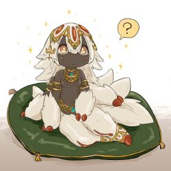 Rule 34 | 1girl, ?, black skin, breasts, colored skin, expressionless, extra arms, faputa, female focus, fur, gold, jewelry, kawasemi27, made in abyss, nipples, pillow, sitting, small breasts, solo, spoken question mark, yokozuwari