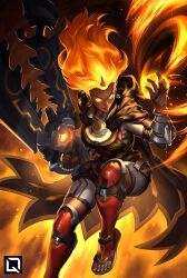 Rule 34 | 1girl, armor, closed mouth, commentary, dark-skinned female, dark skin, earrings, english commentary, facial mark, fire, fire, foot out of frame, holding, holding weapon, illari (overwatch), jewelry, kuroi-tsuki, long hair, open hand, orange theme, orb, overwatch, overwatch 2, solo, sunlight, toes, weapon