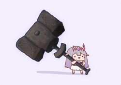 Rule 34 | 1girl, absurdres, blush stickers, chest jewel, chibi, dress, full body, gem, gradient hair, hair flaps, hammer, hand on own hip, happy, highres, holding, holding hammer, holding weapon, hololive, hololive english, huge weapon, koseki bijou, long hair, multicolored hair, open mouth, phdpigeon, purple hair, shadow, simple background, single arm guard, smile, solid circle eyes, solo, standing, tiara, weapon, white background