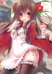 Rule 34 | 1girl, :q, apron, black thighhighs, bridal garter, brown eyes, brown hair, chalkboard, clipboard, cowboy shot, flower, food, frilled thighhighs, frills, fruit, hair flower, hair ornament, hairclip, highres, ice cream, indoors, japanese clothes, kimono, lamp, looking at viewer, maid, maid apron, md5 mismatch, moe2015, original, panties, parfait, red panties, revision, side-tie panties, solo, spoon, strawberry, string panties, suishin tenra, suitenjh, sundae, thighhighs, thighs, tongue, tongue out, tray, underwear, wa maid, waitress