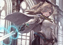 Rule 34 | 1girl, aiguillette, belt, blue eyes, bodysuit, breasts, cape, covered navel, cowboy shot, fang, hair over one eye, highres, hip focus, indoors, large breasts, light brown hair, long hair, open mouth, original, solo, suzuno (bookshelf), sword, two side up, weapon