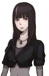 Rule 34 | 10s, 1girl, artist request, bad id, bad pixiv id, black hair, blunt bangs, chiyuki (death parade), death parade, female focus, frown, jewelry, kurokami no onna, lipstick, long hair, makeup, miisa, multicolored hair, navel, necklace, pendant, red eyes, short sleeves, simple background, solo, two-tone hair, upper body, white background, white hair