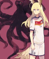 Rule 34 | 1girl, 2010 fifa world cup, 2014 fifa world cup, ahoge, bad id, bad pixiv id, blonde hair, blue eyes, germany, hanna-justina marseille, head wings, long hair, octopus, paul the octopus, shirono kuma, simple background, soccer, soccer uniform, solo, sportswear, strike witches, sweat, wings, witches of africa, world cup, world witches series