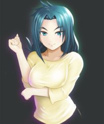 Rule 34 | 10s, 1girl, blue eyes, blue hair, breasts, female focus, future card buddyfight, large breasts, matching hair/eyes, migao, mikado suzumi, mature female, simple background, smile, solo