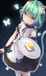 Rule 34 | 1girl, :3, ahoge, alternate costume, animal ears, apron, bare shoulders, bird, blue hair, bow, bug, butterfly, cat ears, cat girl, chick, ear piercing, ear ribbon, empty eyes, enmaided, frilled apron, frills, gradient hair, green hair, hair ornament, highres, holding, holding plate, hololive, insect, looking at viewer, low twintails, maeru, maid, medium hair, multicolored hair, piercing, piyoko (uruha rushia), plate, pom pom (clothes), pom pom hair ornament, red eyes, skull hair ornament, solo, twintails, uruha rushia, virtual youtuber, white apron, yandere