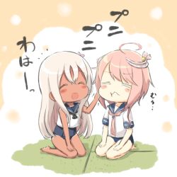 Rule 34 | 10s, 2girls, :d, :t, ^ ^, ahoge, blonde hair, blush stickers, cheek pinching, closed eyes, commentary request, engiyoshi, flower, grimace, hair ornament, i-58 (kancolle), kantai collection, long hair, multiple girls, open mouth, pinching, pink hair, ro-500 (kancolle), role reversal, school swimsuit, seiza, short hair, simple background, sitting, smile, swept bangs, swimsuit, swimsuit under clothes, tan, tanline, tatami, wavy mouth