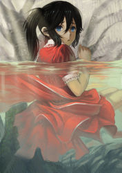 Rule 34 | 10s, 1girl, :o, absurdres, alternate costume, black hair, black rock shooter, black rock shooter (character), blue eyes, dress, highres, long hair, looking back, partially submerged, red dress, shuizhanglang, side ponytail, solo, water