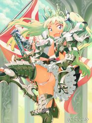 Rule 34 | 1girl, armor, ass, blonde hair, blue eyes, crown, fang, flag, gauntlets, hair ornament, open mouth, smile, solo, tan, tanline, twintails, watermark, zasha