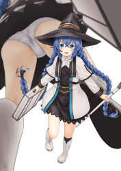 Rule 34 | 1girl, absurdres, ass, black headwear, blue eyes, blush, boots, braid, crossed bangs, dress, from below, full body, hat, highres, holding, holding staff, holding suitcase, long hair, looking at viewer, multiple views, mushoku tensei, nao suke, open mouth, panties, roxy migurdia, smile, staff, suitcase, teeth, thighs, twin braids, underwear, upper teeth only, very long hair, white dress, white footwear, white panties, witch hat