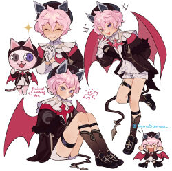 Rule 34 | 1boy, absurdres, animal ears, bat ears, bat tail, bat wings, cat, closed eyes, dahlia (genshin impact), english text, fang, full body, genshin impact, grey eyes, hat, heterochromia, highres, male focus, open mouth, pink hair, purple eyes, short hair, shorts, simple background, smile, solo, tamasamaa, trap, white background, wings