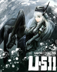 Rule 34 | 10s, 1girl, bad id, bad pixiv id, black dress, black pantyhose, blue eyes, character name, copyright name, cropped jacket, dress, garrison cap, gibagiba, gloves, hat, headgear, highres, kantai collection, long hair, machinery, military, military uniform, pale skin, pantyhose, puffy sleeves, solo, u-511 (kancolle), underwater, uniform, white hair