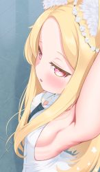 Rule 34 | 1girl, animal ear fluff, animal ears, arm up, armpit focus, armpits, bare shoulders, blonde hair, blue archive, blush, breasts, dress, fox ears, from above, from side, highres, long hair, looking at viewer, necktie, open mouth, red eyes, seia (blue archive), shiny skin, sideboob, sleeveless, sleeveless dress, small breasts, solo, sonao, white dress