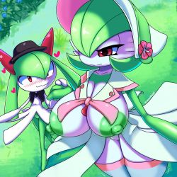 Rule 34 | 2girls, blush, breasts, closed mouth, colored nipples, creatures (company), game freak, gardevoir, gen 3 pokemon, grass, green hair, green nipples, hair between eyes, hat, highres, ichduhernz, kirlia, large areolae, large breasts, multiple girls, nintendo, nipples, outdoors, pokemon, pokemon (creature), pokemon unite, red eyes, short hair, smile, thighhighs, third-party edit, wavy mouth