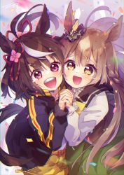 Rule 34 | 2girls, :d, animal ears, black jacket, black sailor collar, blush, braid, brown eyes, brown hair, commentary request, confetti, ech, green skirt, hair between eyes, hand up, highres, holding hands, horse ears, horse girl, horse tail, interlocked fingers, jacket, kitasan black (umamusume), long hair, looking at viewer, multicolored hair, multiple girls, open clothes, open jacket, open mouth, sailor collar, satono diamond (umamusume), shirt, short shorts, shorts, skirt, smile, streaked hair, tail, tears, teeth, umamusume, upper teeth only, v-shaped eyebrows, very long hair, white hair, white shirt, yellow shorts