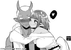 Rule 34 | 1boy, 1girl, arms around neck, artist name, bare shoulders, blunt bangs, blush, breasts, buzz cut, cheek-to-cheek, commission, constricted pupils, facing viewer, greyscale, heads together, heart, highres, horns, hug, looking at another, looking at viewer, medium breasts, monochrome, norman maggot, one eye closed, oni horns, original, pointy ears, short hair, sidelocks, spoken heart, sweatdrop, twitter username, upper body, very short hair, wide sleeves