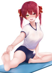 Rule 34 | 1girl, absurdres, alternate costume, barefoot, blouse, blue shorts, blush, breasts, cleavage, collarbone, commission, fangs, feet, gym uniform, heterochromia, highres, hololive, hololive fantasy, houshou marine, legs, long hair, looking at viewer, open mouth, pixiv commission, raised eyebrows, red eyes, red hair, shirt, shorts, sido (ama r007), sitting, solo, stretching, t-shirt, thighs, toes, twintails, virtual youtuber, white shirt, yellow eyes, yoga mat