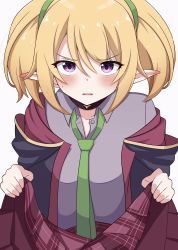 Rule 34 | 1girl, blonde hair, blush, chloe (princess connect!), clothes lift, coat, commentary request, elf, hairband, hello pty, highres, hood, hooded coat, looking at viewer, multicolored eyes, necktie, pointy ears, princess connect!, purple eyes, short hair, skirt, skirt lift, solo, twintails, white background