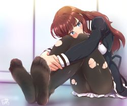 Rule 34 | 1girl, assault lily, black pantyhose, blue eyes, blush, breasts, brown hair, feet, foot focus, foreshortening, full body, kaede johan nouvel, long hair, medium breasts, panties, panties under pantyhose, pantyhose, picolette xiii, school uniform, sitting, skirt, soles, solo, torn clothes, torn pantyhose, underwear, upskirt, white panties