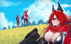 Rule 34 | 2girls, absurdres, anti-materiel rifle, breasts, bullpup, chaps, cleavage, crop top, cropped jacket, goddess of victory: nikke, grass, gun, hair between eyes, headgear, highres, holding, holding weapon, horns, jacket, large breasts, leather, leather jacket, long hair, mass-produced nikke, mechanical horns, multiple girls, multiple views, nature, orange eyes, outdoors, parted lips, rapi (nikke), red hair, red hood (nikke), red jacket, red scarf, rifle, scarf, shaivify, sky, sniper rifle, sweatdrop, twitter username, unzipped, very long hair, weapon, zipper