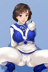 Rule 34 | 1girl, arm up, belt, black eyes, black hair, blue background, blue dolphin, blue footwear, blush, bodysuit, boots, breasts, choujuu sentai liveman, covered erect nipples, eyebrows, feet, full body, highres, large breasts, legs, looking at viewer, matching hair/eyes, misaki megumi, parted lips, puffy nipples, sakuradou, short hair, simple background, skirt, smile, solo, spread legs, squatting, super sentai, thighs, white skirt
