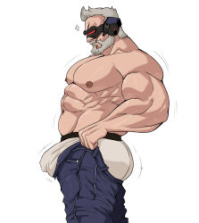 Rule 34 | 1boy, abs, anger vein, artist request, ass, ass lift, bara, beard, bouncing ass, bulge, bulge lift, denim, dressing, eye mask, facial hair, feet out of frame, from side, grey hair, highres, i&#039;ve never seen a guy recreate this successfully tbh (meme), jeans, large pectorals, male focus, male underwear, meme, motion lines, muscular, muscular male, nipples, old, old man, open pants, overwatch, overwatch 2, paid reward available, pants, pants lift, pectorals, scar, short hair, soldier: 76 (overwatch), solo, stomach, thick arms, topless male, undersized clothes, underwear, white male underwear