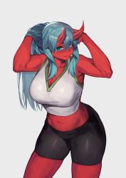 Rule 34 | 1girl, bare shoulders, bike shorts, blouse, breasts, cinko, cleavage, colored skin, green eyes, green hair, highres, horns, large breasts, long hair, looking at viewer, navel, oni, oni horns, original, red skin, shirt, shorts, stomach, tank top, thighs, white background, white shirt